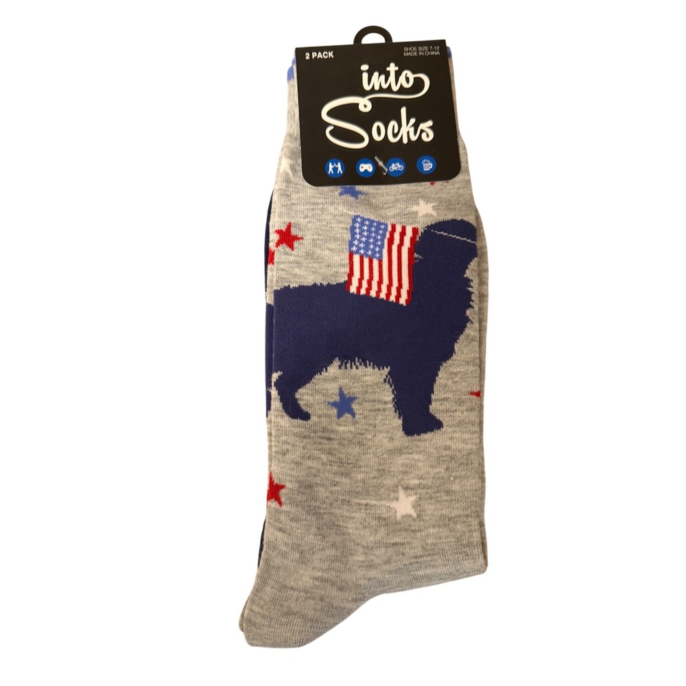 Into Socks 2 Pack Men Retriever Dog American Flag Crew Socks Grey Navy 7-12 NEW